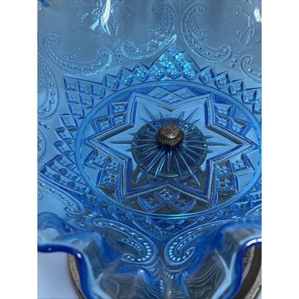 Blue Crimped Ruffled Candy Dish Compote Art Glass 6 Star Paisley Pattern - Picture 5 of 12